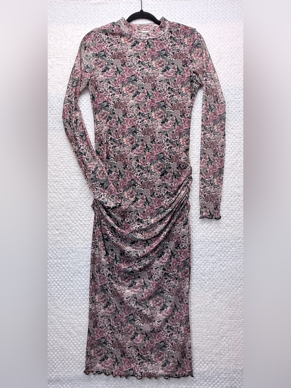 Promesa Wine and Roses Floral Mesh Mock-Neck Midi Dress Elegant Long Sleeve